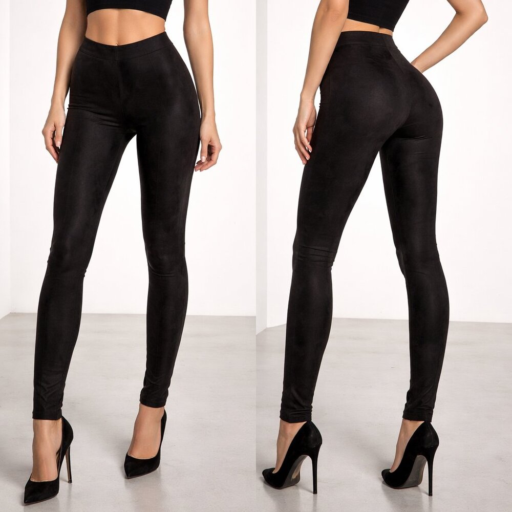 Real Suede Leather Black Skinny Pants